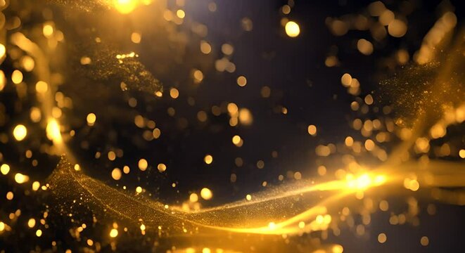 Gold particles abstract background with shining golden floor particle stars dust Futuristic glittering fly movement flickering loop in space on black background