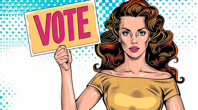 Pop art illustration of Caucasian woman holding VOTE sign. Female voter. Concept of elections, voting, politics, personal empowerment, citizen rights, political advocacy. Isolated on white background