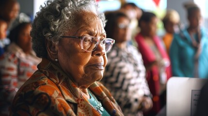 African American elderly woman at polling station. Senior black female voter preparing to cast her vote. Concept of elections, civic duty, democratic process, voting rights, diversity. Copy space.