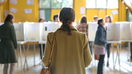 Back view of a woman at a busy polling station. Female voter anticipating her turn to cast a vote. Concept of participation in electoral process, democracy in action, and active citizenship.