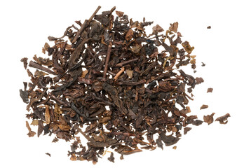 Dry black tea leaves on isolated background