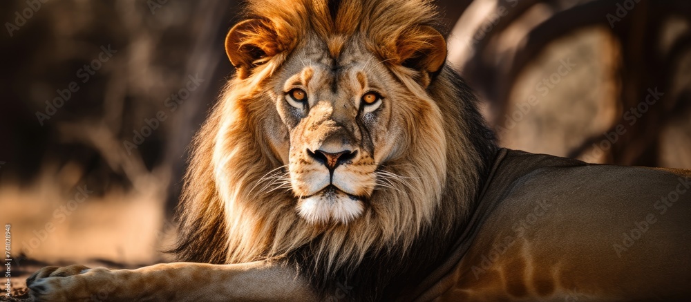 Poster A Felidae terrestrial animal, the Masai lion, with fur and whiskers, a carnivorous big cat, is laying down in the woods staring at the camera