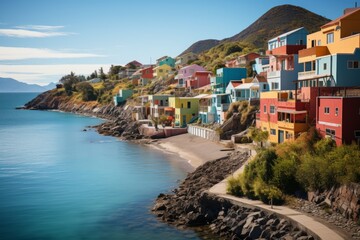 Colorful houses perched on cliff with stunning ocean view - obrazy, fototapety, plakaty