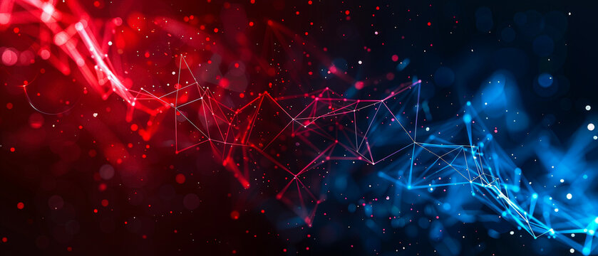 Elevate your designs with this mesmerizing abstract background, featuring glowing particles, dots, and lines in space. Ultra-wide blue, red, neon purple gradient. Perfect for various projects
