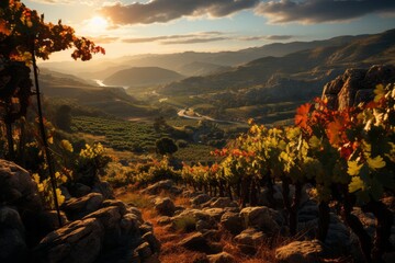 Scenic sunset over vineyard with distant mountains