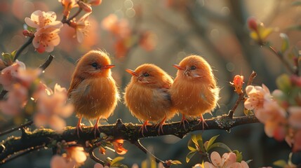 Cute little birds on a branch of a blossoming tree.