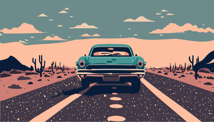 Vintage car on the road in a America  - obrazy, fototapety, plakaty
