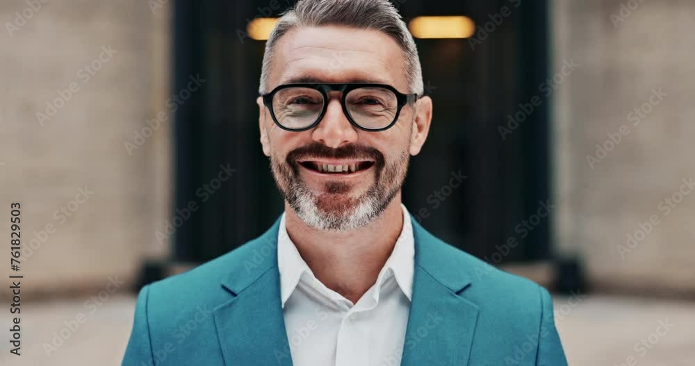 Poster Face, ceo and happy businessman in city for work, career or job of manager in urban town in Canada. Portrait, outdoor and smile of mature professional, entrepreneur and laughing salesman in glasses