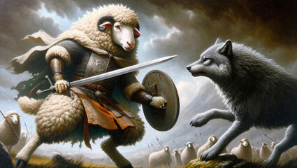 The sheep strikes back: Illustration of brave sheep warrior fighting against gray wolf and defending the flock. Oil painting style with canvas texture. Beautiful artistic image for poster, wallpaper - obrazy, fototapety, plakaty