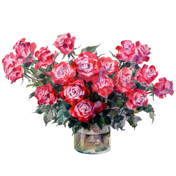 Watercolor illustration of bouquet of red roses flowers isolated on white background.