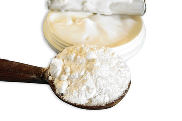  boric acid powder in spoon with cream jar,top view,cutout transparent background,png format