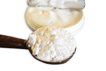  boric acid powder in spoon with cream jar,top view,cutout transparent background,png format