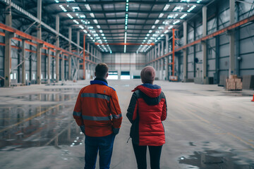 Obraz premium Warehouse workers standing in an empty warehouse, photographed from behind