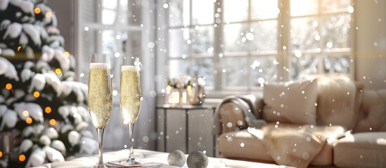 Festive Living Room with Two Champagne Glasses amid Snowy Background