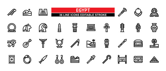 36 Egypt Line Icons Set Pack Editable Stroke Vector Illustration. - obrazy, fototapety, plakaty