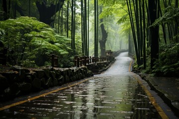 Wet road winding through bamboo forest on rainy day, water glistening on asphalt