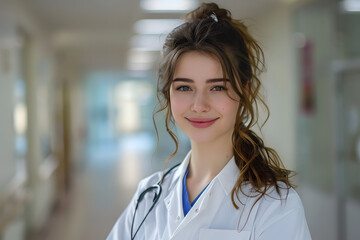 smiling girl doctor in white doctor robe on a blurred background in the hospital hall