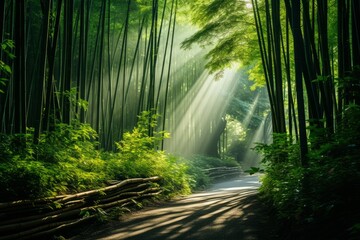 Green sunlight filtering through bamboo trees in a natural forest landscape