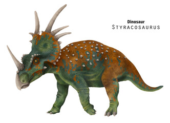 Styracosaurus illustration. Dinosaur with horns. Brown, green dino