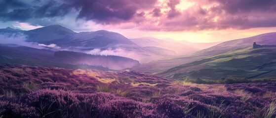 Moorland or Moor, Wuthering Heights, Heather Fields and Hills, Castle on Mountains, Copy Space - obrazy, fototapety, plakaty