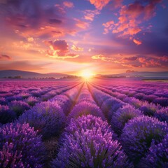 Lavender Field at Sunset, Purple Flowers Landscape, Morning Lavender Fields, Copy Space - obrazy, fototapety, plakaty