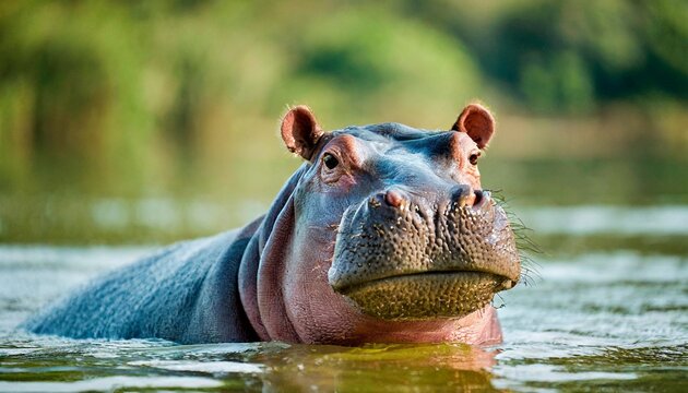 portrait of a big male hippo against savanna river ambience background with space for text background image