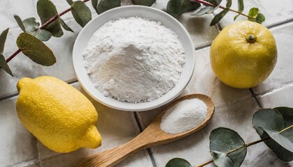 composition with baking soda cleaning sponge brush lemon and eucalyptus branch on light tile background