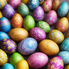 Fototapeta na wymiar Easter eggs in a basket, colorful hand painted