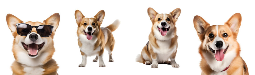Corgi dogs happy moments running sitting close up playing with sunglasses in a set, Isolated on Transparent Background, PNG