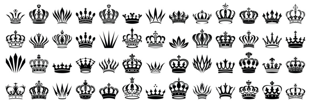 Crown icon set. Crown sign collection. Crown king or queen mega icon set. Royal crown symbol. Heraldic vector flat black silhouettes isolated on white background. Royal head accessories, hat emblem 