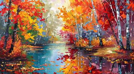 Vibrant Autumn Foliage Reflected in a Peaceful Lake During Midday. Earth Day Concept