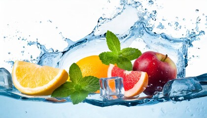 multivitamin water wave splash with various fruit peppermint leaves and ice cubes isolated on white...