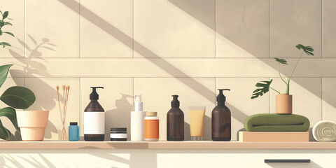 Modern Bathroom Shelf with Various Beauty and Hygiene Products, Plant, Towels. banner with copy space