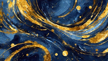 dark blue textured oil paint wit golden elements abstract background - obrazy, fototapety, plakaty