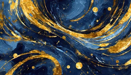 Foto op Canvas dark blue textured oil paint wit golden elements abstract background © Nichole