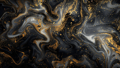 abstract golden, silver, white and dark metallic wave patterns with pain like splashes of gold