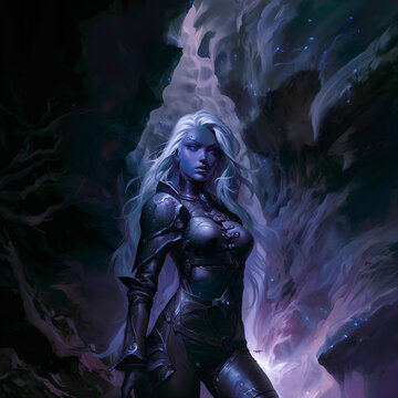 Portrait of a female drow with purple grey skin silver hair and purple eyes, wearing a dark leather armor standing in a cave