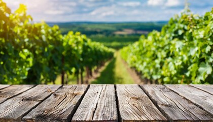 empty wooden boards weathered planks table top with blur background of vineyard at sunny summer day