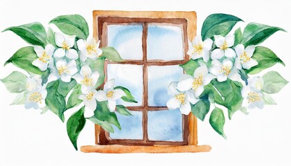 beautiful watercolor window with white jasmine flowers on white background