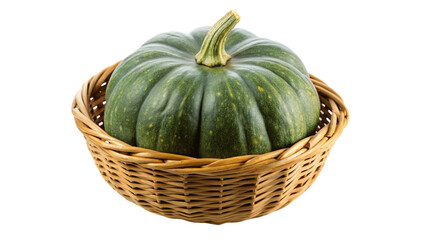 A green pumpkin in a basket isolated on Transparent background.
