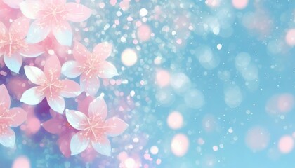 spring flower abstract pastel pink blurred blue white banner with shiny particle glowing wallpaper backdrop mockup may tender colors background with copy space for design text - obrazy, fototapety, plakaty