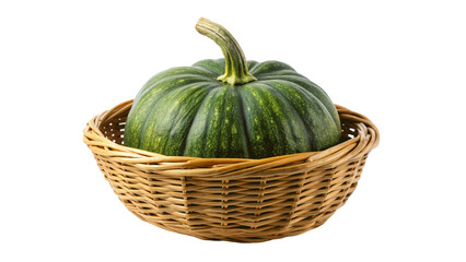 A green pumpkin in a basket isolated on Transparent background.