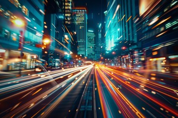 Fototapeta na wymiar Speed Light Trails on City Streets, Street Night Lights, Road Glow, Fast Flash Motion, Car Traffic Lights