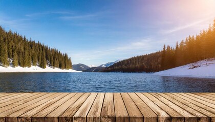 empty wooden table top background with free copy space snowy winter mountain lake nature with spruce tree forest at sunset light panorama with copy space - Powered by Adobe
