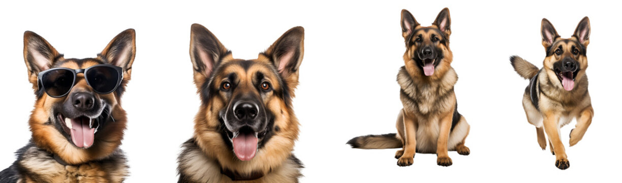 German Shepherd dog’s happy moments: running, sitting, close up view, playing, and with sunglasses, Isolated on Transparent Background, PNG