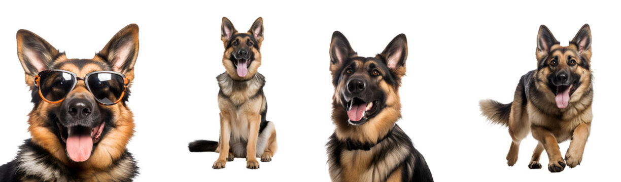 Collection of a joyful German Shepherd dog running, sitting, close up, playing, and with sunglasses, Isolated on Transparent Background, PNG