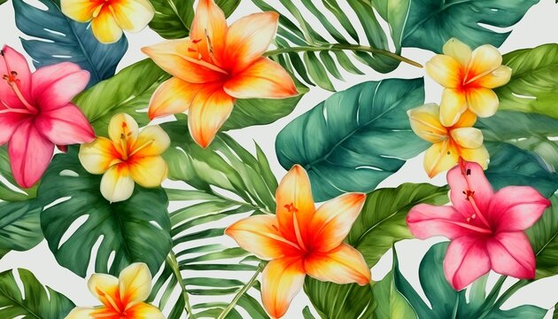 watercolor seamless pattern with exotic tropical flowers wallpaper created with generative ai