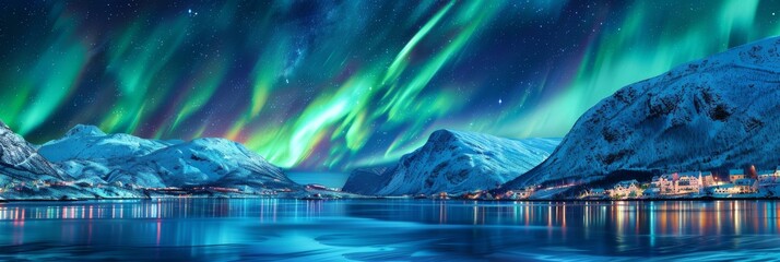 Northern Lights, Norway Winter Aurora Borealis Painting, Polar Lights, Copy Space - obrazy, fototapety, plakaty