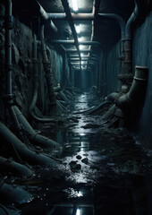 Sewage tunnel or underground sewer system - obrazy, fototapety, plakaty