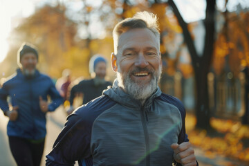 Obraz premium Group of smiling men jogging in a city park. Generative AI